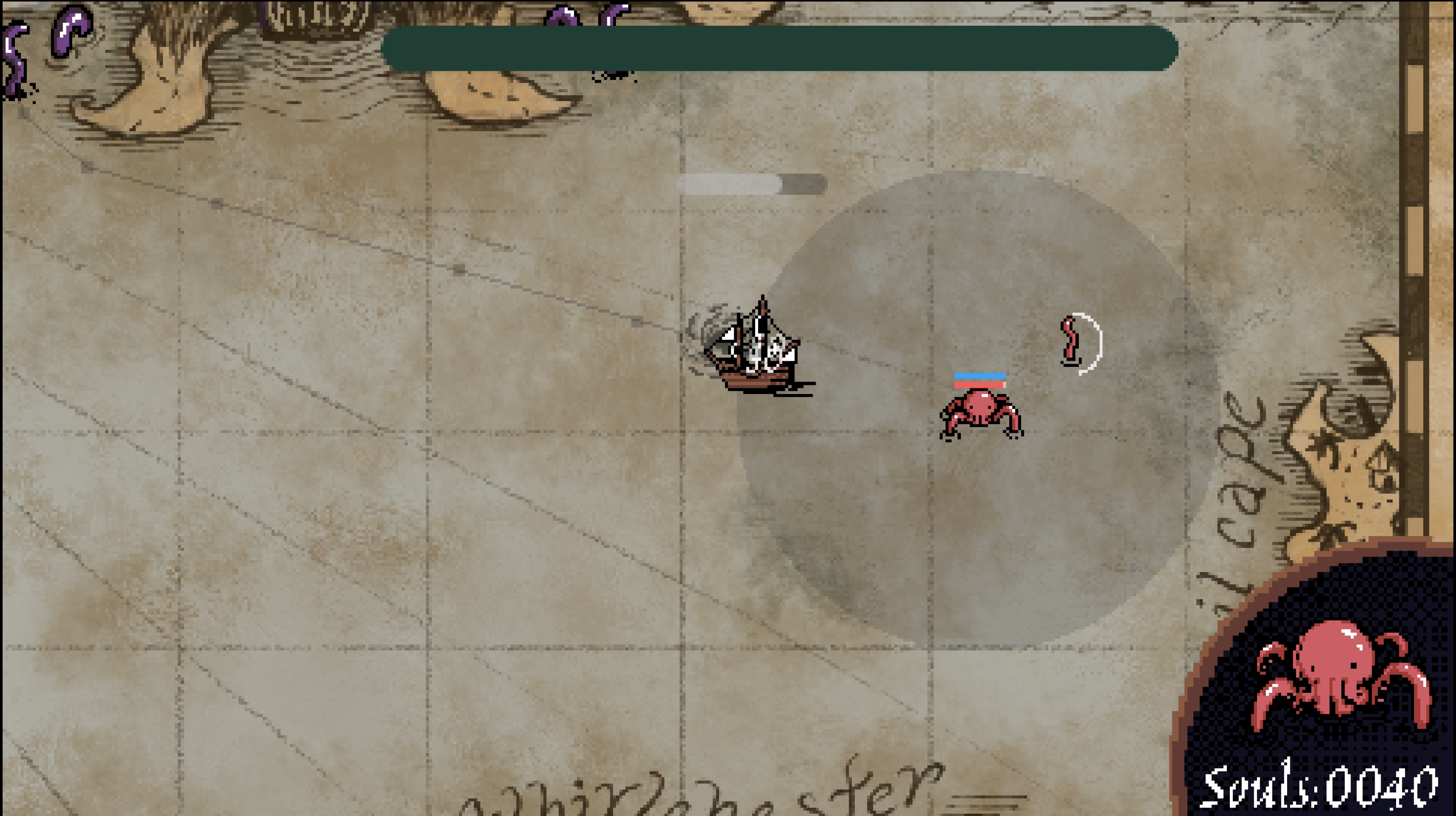 A screenshot of gameplay, where the player is trying to sink a ship.